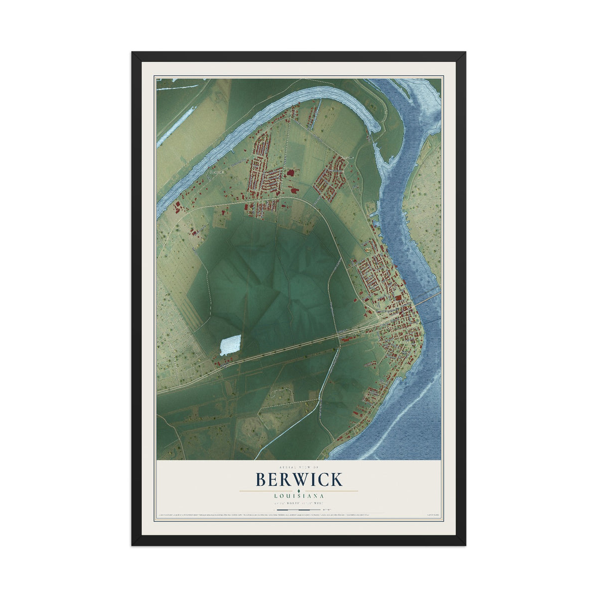 Map of Berwick, Louisiana, 12 x 18 inch print in a black wood frame