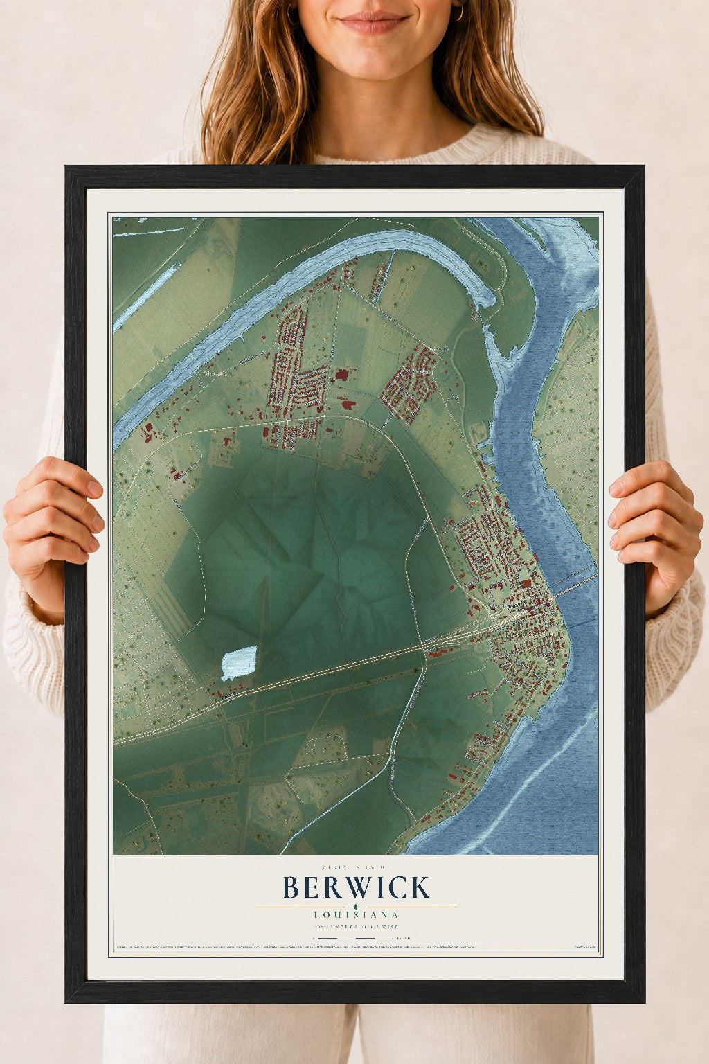 Map of Berwick, Louisiana, 18 x 24 inch print in a black wood frame