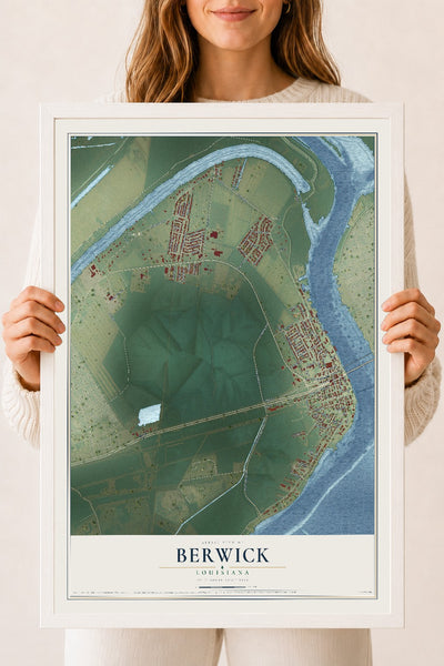 Map of Berwick, Louisiana, 18 x 24 inch print in a white wood frame