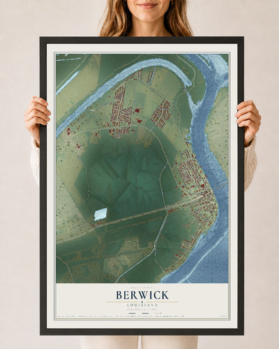 Map of Berwick, Louisiana, 24 x 36 inch print in a black wood frame