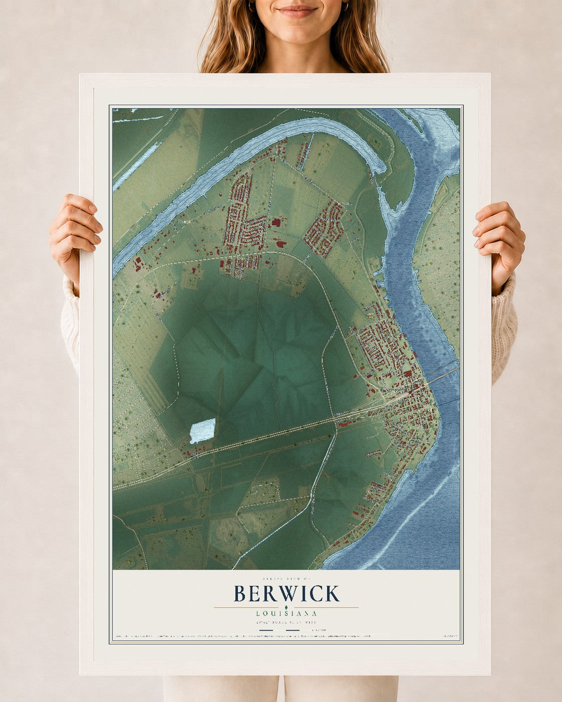 Map of Berwick, Louisiana, 24 x 36 inch print in a white wood frame