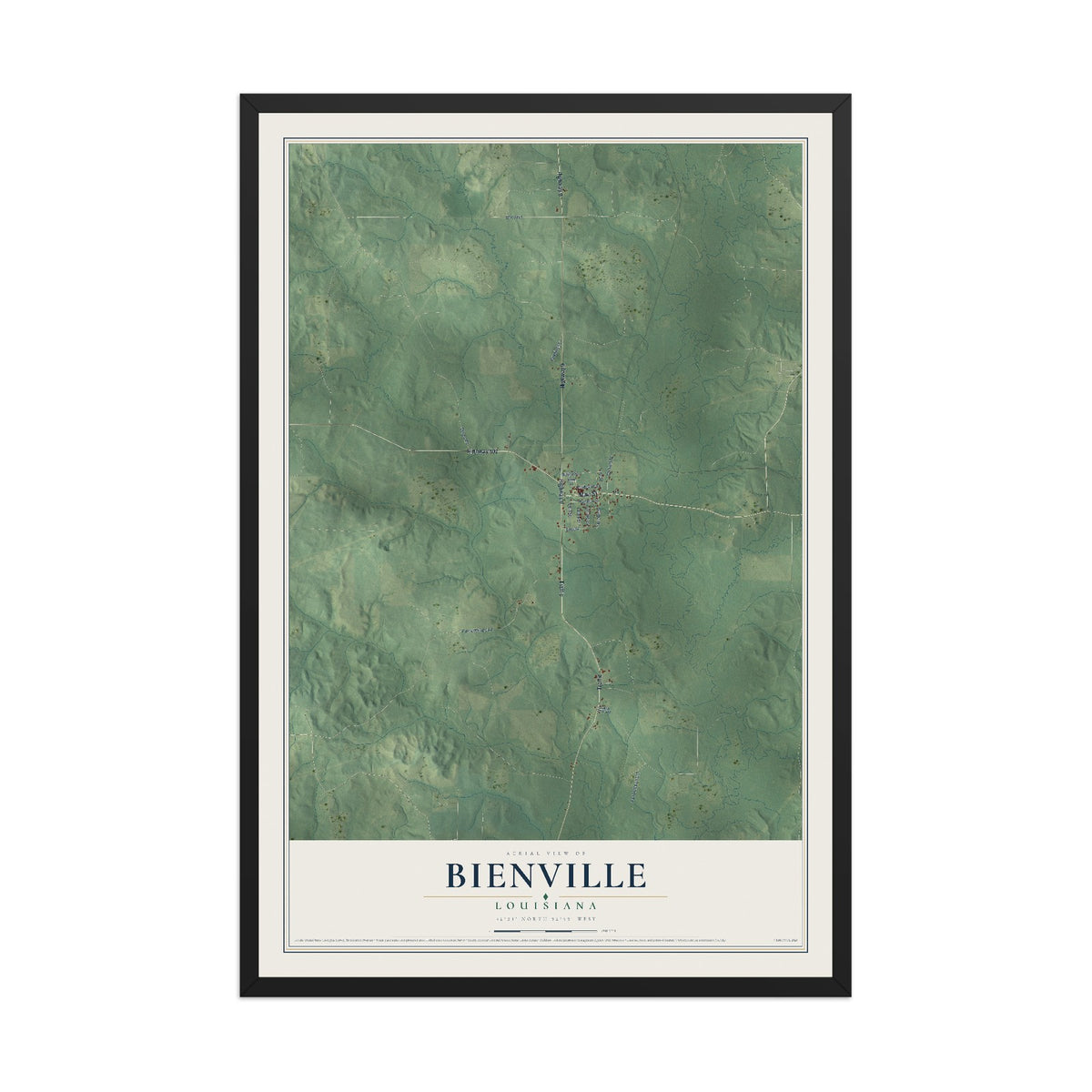 Map of Bienville, Louisiana, 12 x 18 inch print in a black wood frame