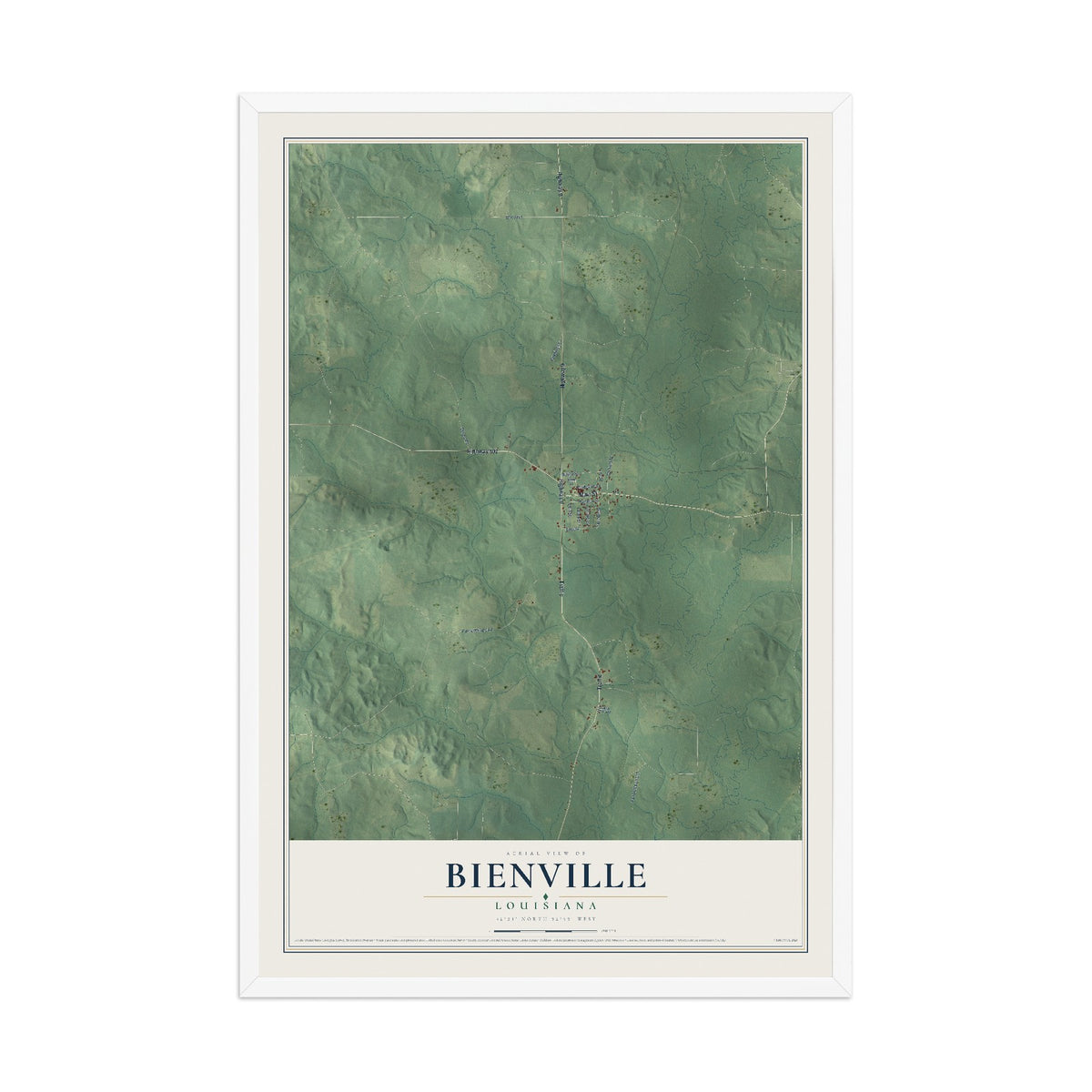 Map of Bienville, Louisiana, 12 x 18 inch print in a white wood frame