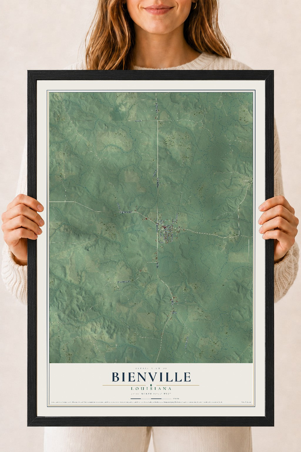 Map of Bienville, Louisiana, 18 x 24 inch print in a black wood frame