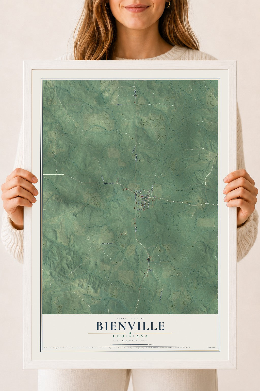 Map of Bienville, Louisiana, 18 x 24 inch print in a white wood frame