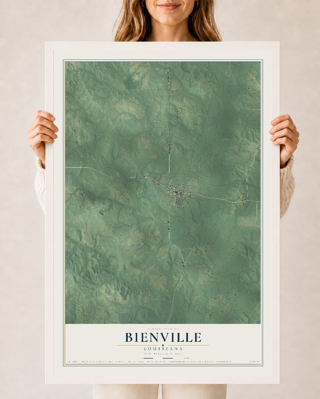 Map of Bienville, Louisiana, 24 x 36 inch print in a white wood frame