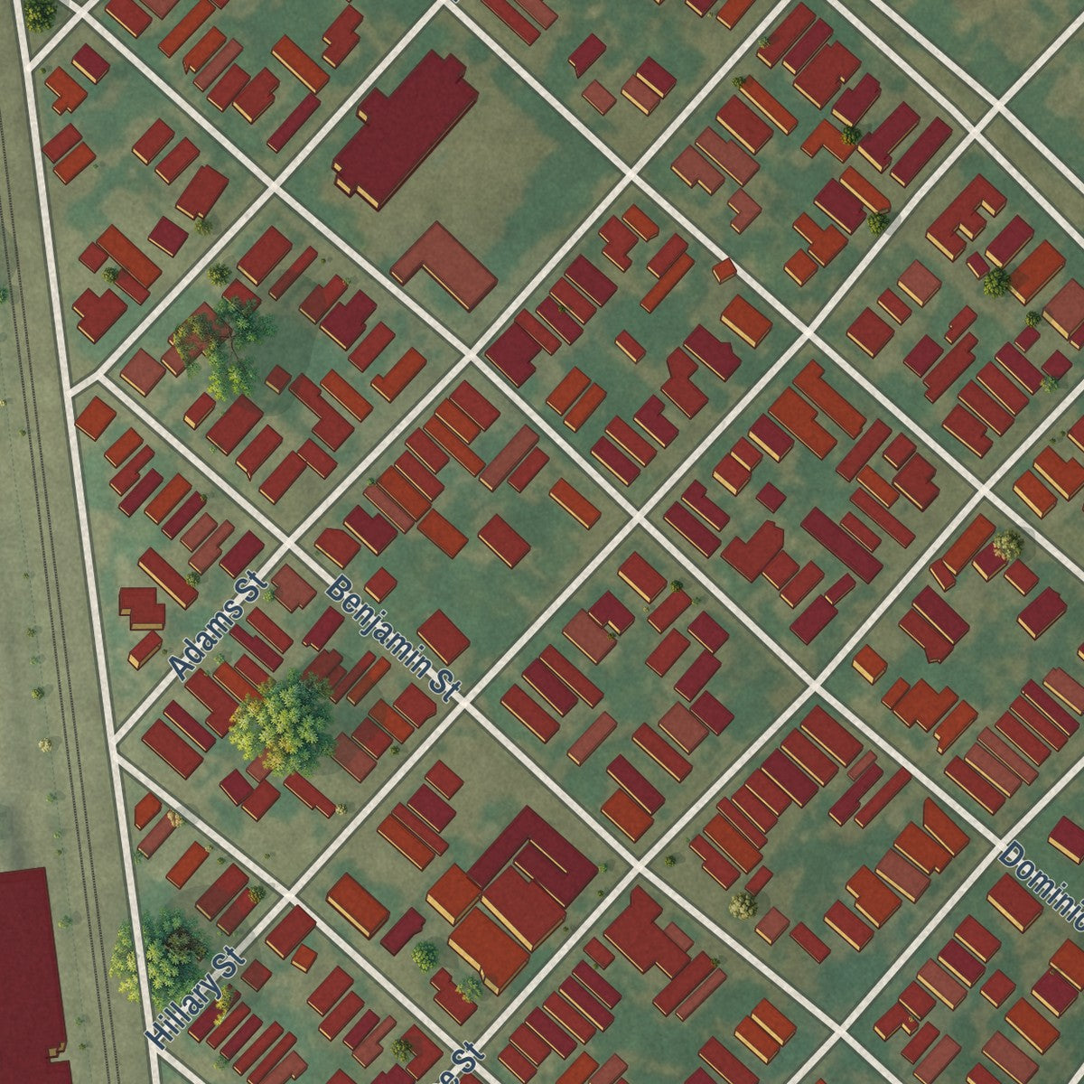 Close-up of the map of Black Pearl, Louisiana print showing street and building detail