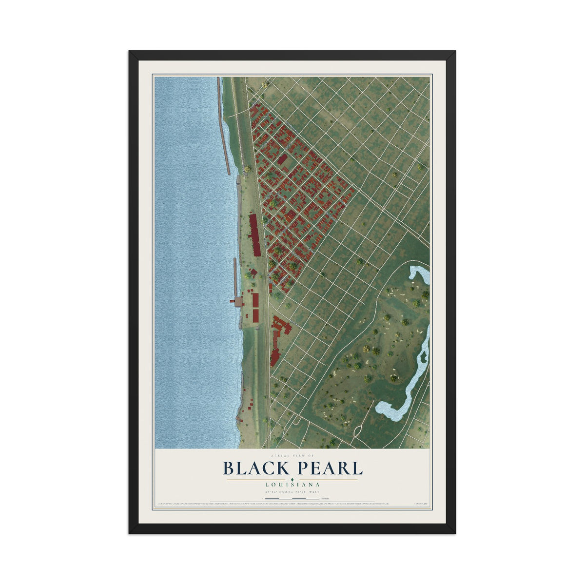 Map of Black Pearl, Louisiana, 12 x 18 inch print in a black wood frame