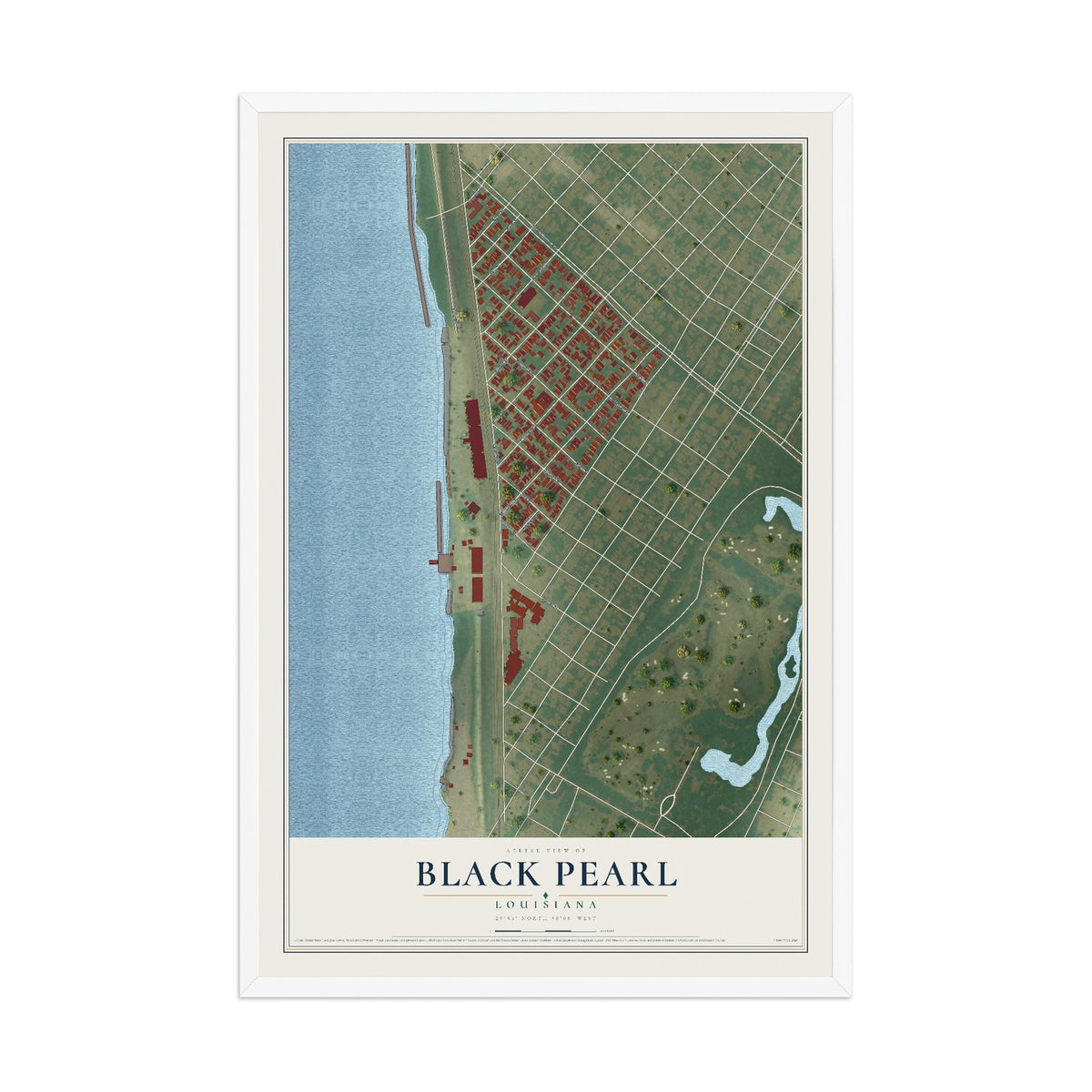 Map of Black Pearl, Louisiana, 12 x 18 inch print in a white wood frame