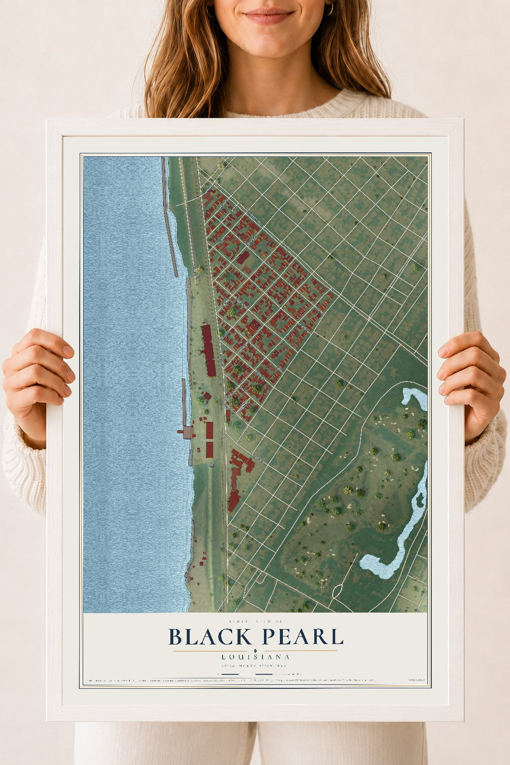 Map of Black Pearl, Louisiana, 18 x 24 inch print in a white wood frame