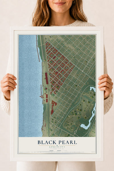 Map of Black Pearl, Louisiana, 18 x 24 inch print in a white wood frame