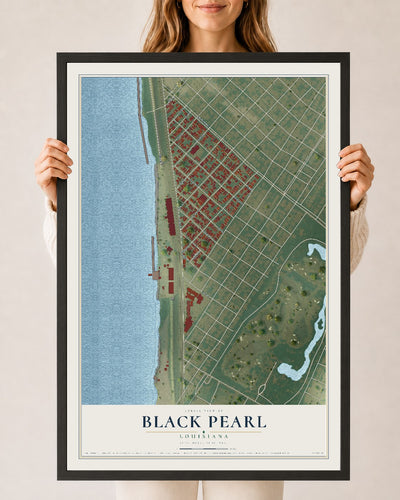 Map of Black Pearl, Louisiana, 24 x 36 inch print in a black wood frame