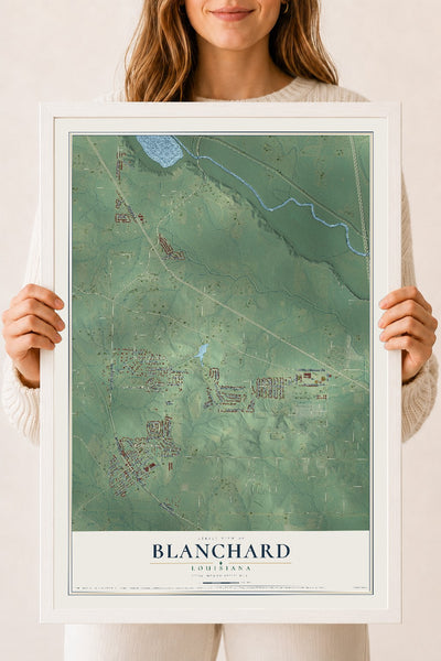 Map of Blanchard, Louisiana, 18 x 24 inch print in a white wood frame