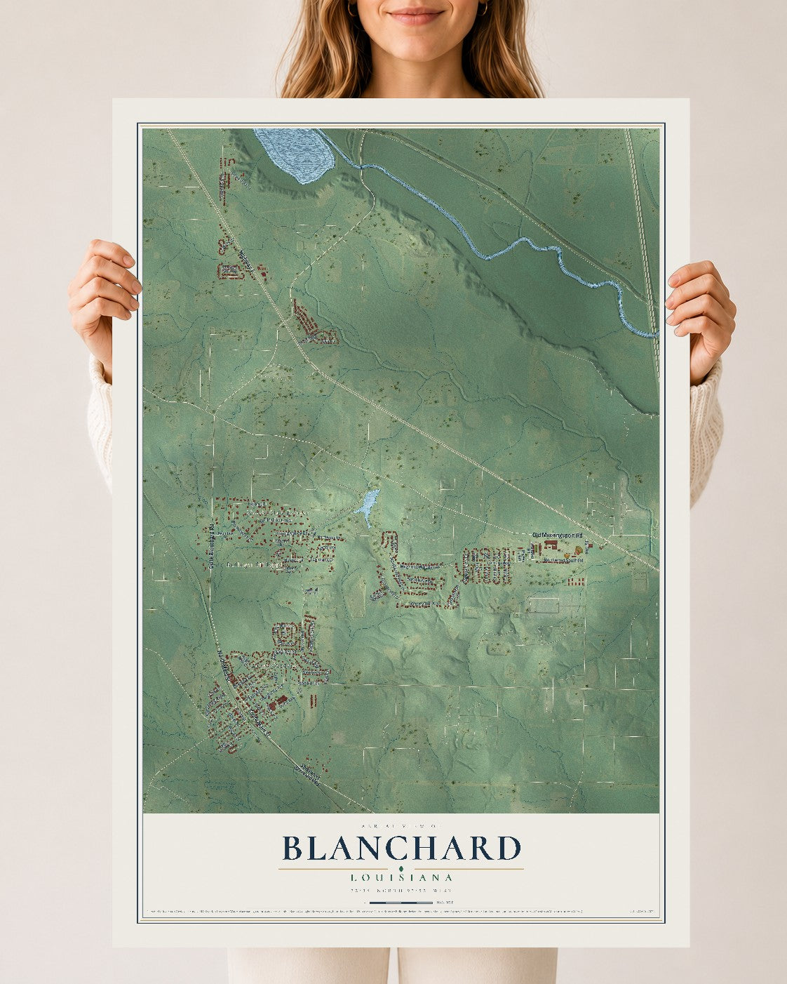 Map of Blanchard, Louisiana, 24 x 36 inch unframed archival matte print