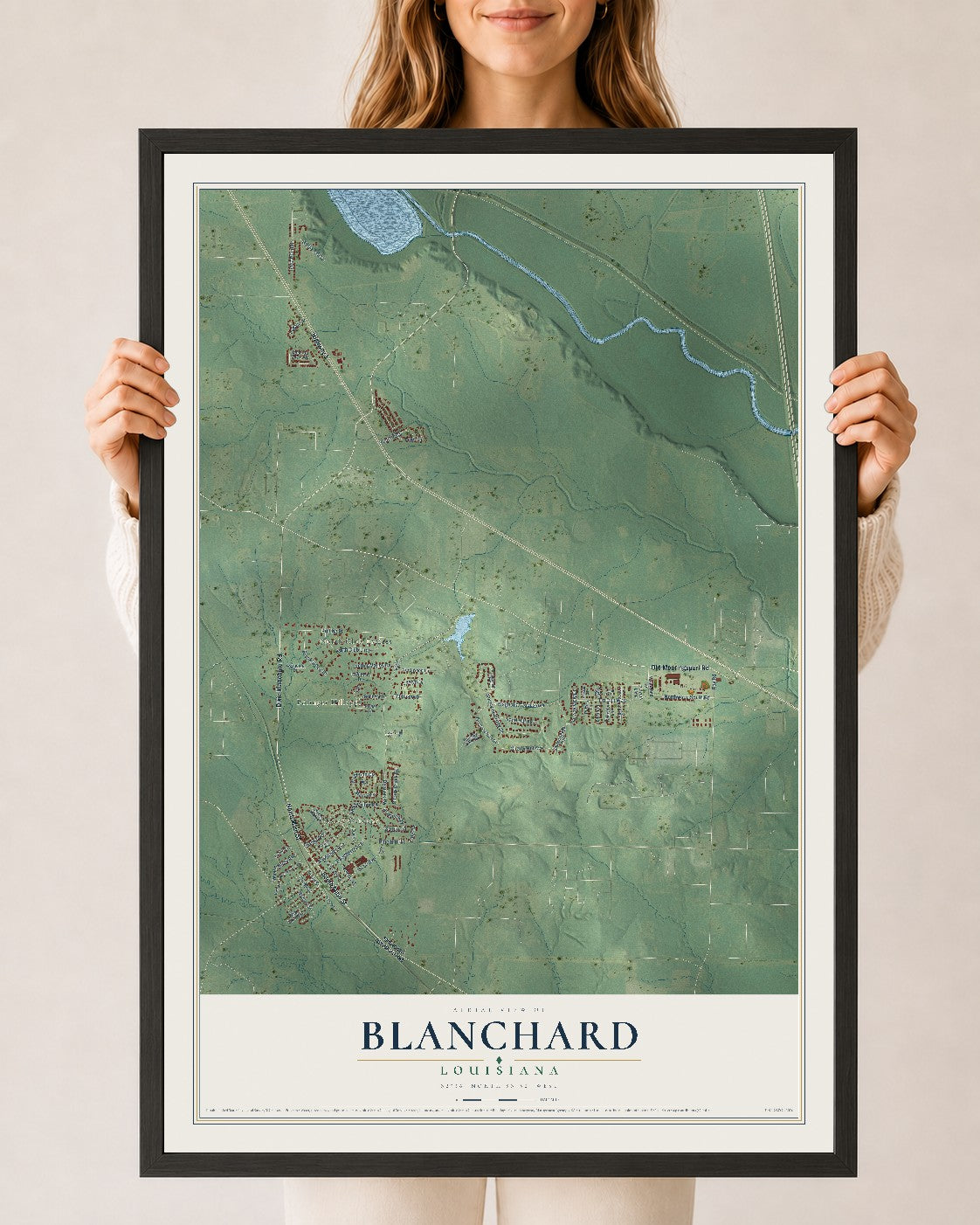 Map of Blanchard, Louisiana, 24 x 36 inch print in a black wood frame
