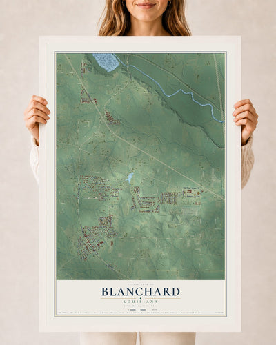 Map of Blanchard, Louisiana, 24 x 36 inch print in a white wood frame