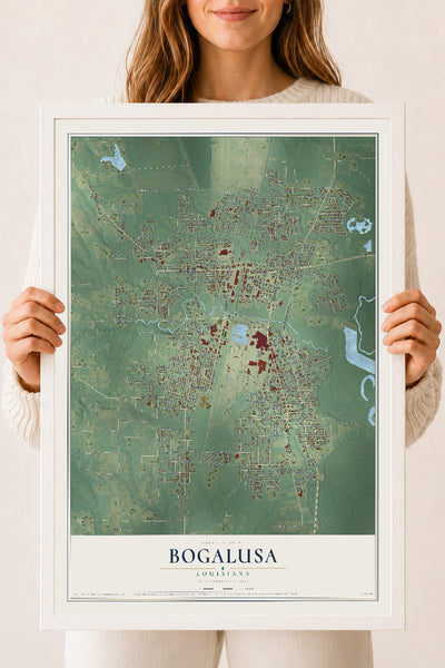 Map of Bogalusa, Louisiana, 18 x 24 inch print in a white wood frame