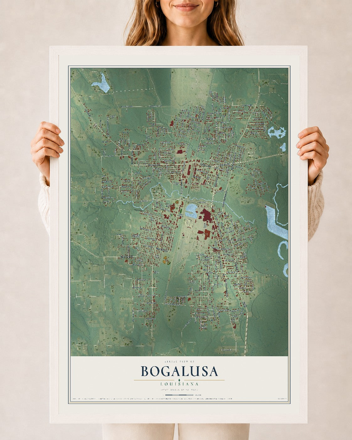 Map of Bogalusa, Louisiana, 24 x 36 inch print in a white wood frame