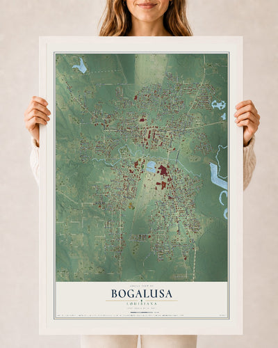 Map of Bogalusa, Louisiana, 24 x 36 inch print in a white wood frame