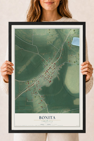 Map of Bonita, Louisiana, 18 x 24 inch print in a black wood frame