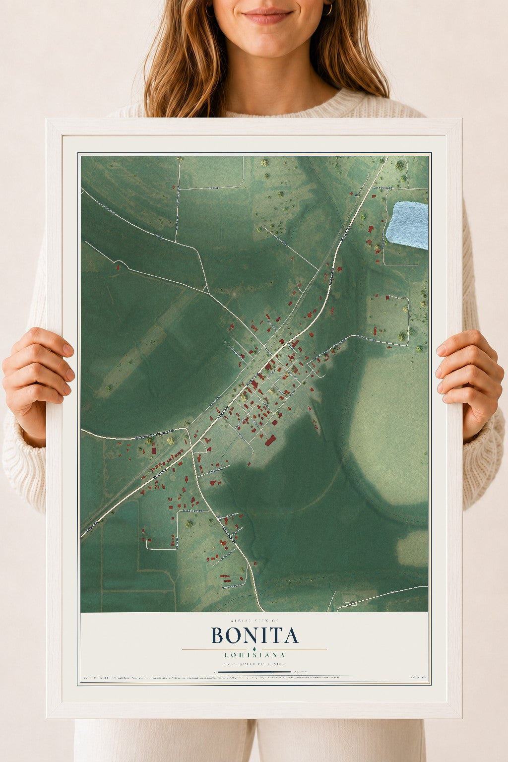 Map of Bonita, Louisiana, 18 x 24 inch print in a white wood frame