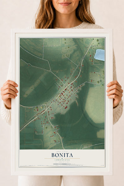 Map of Bonita, Louisiana, 18 x 24 inch print in a white wood frame