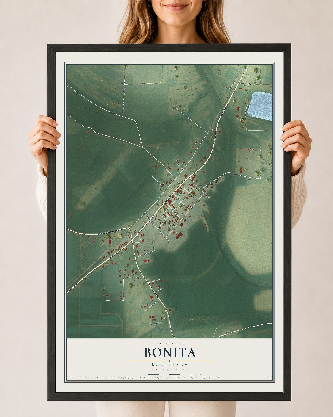 Map of Bonita, Louisiana, 24 x 36 inch print in a black wood frame