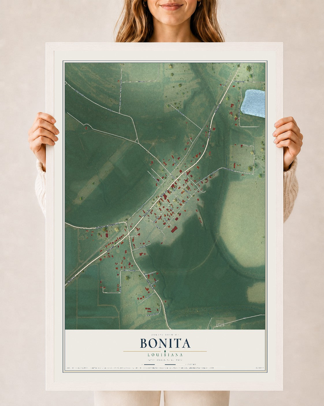 Map of Bonita, Louisiana, 24 x 36 inch print in a white wood frame