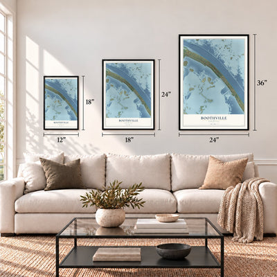 Boothville, Louisiana map in 12 x 18, 18 x 24 and 24 x 36 inch sizes above a sofa