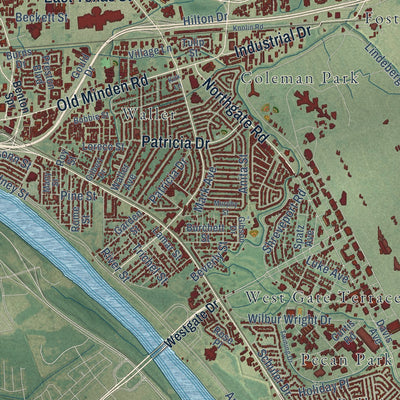Close-up of the map of Bossier City, Louisiana print showing street and building detail