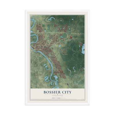 Map of Bossier City, Louisiana, 12 x 18 inch print in a white wood frame