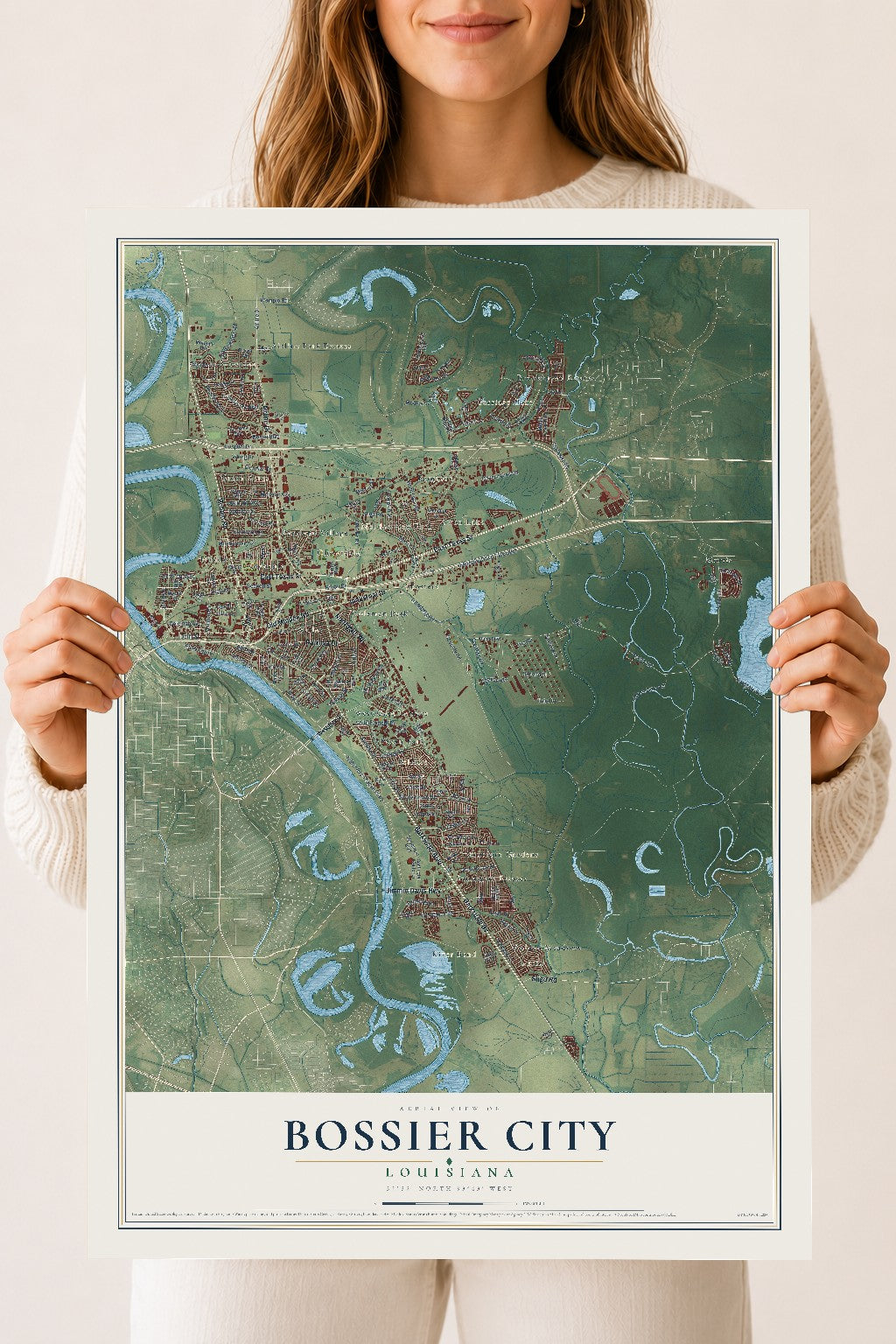 Map of Bossier City, Louisiana, 18 x 24 inch unframed archival matte print