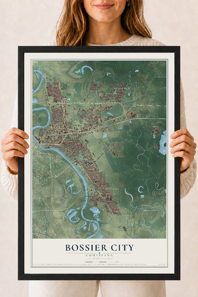 Map of Bossier City, Louisiana, 18 x 24 inch print in a black wood frame