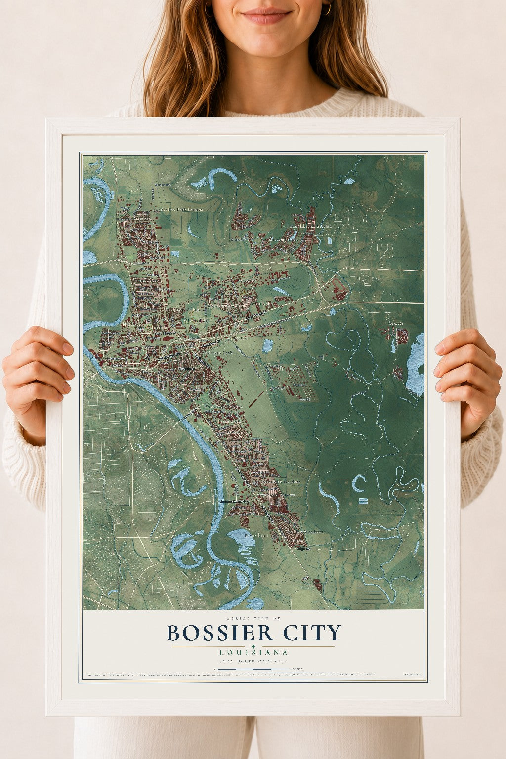 Map of Bossier City, Louisiana, 18 x 24 inch print in a white wood frame