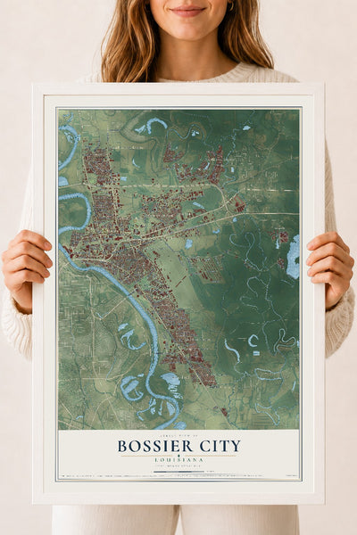 Map of Bossier City, Louisiana, 18 x 24 inch print in a white wood frame