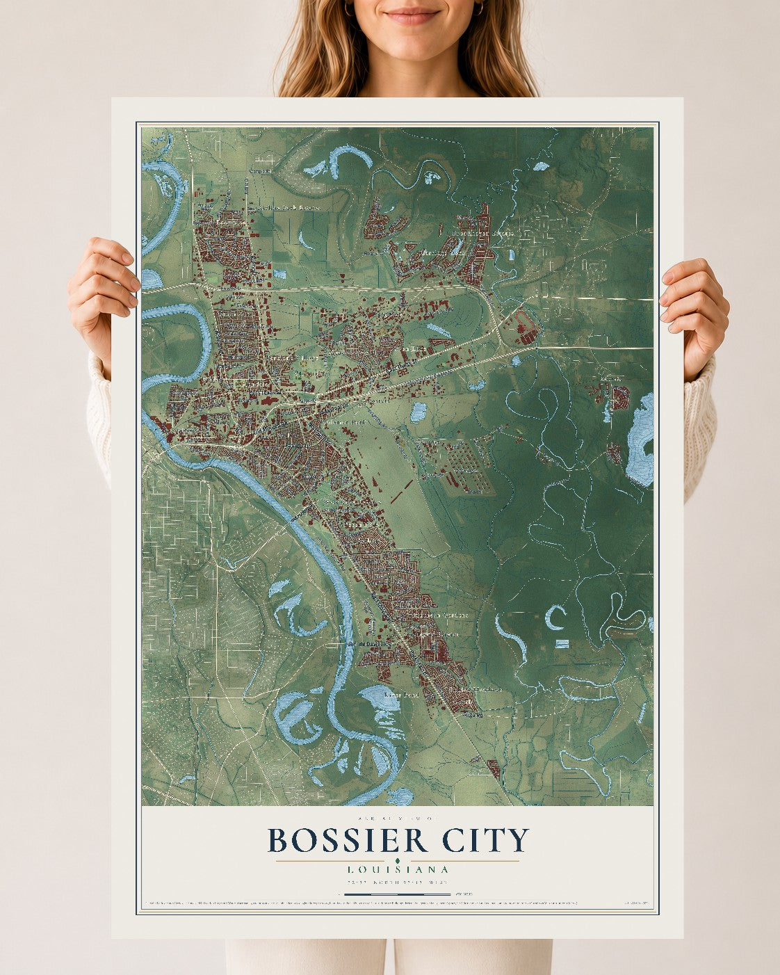 Map of Bossier City, Louisiana, 24 x 36 inch unframed archival matte print