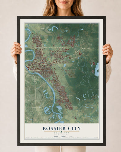 Map of Bossier City, Louisiana, 24 x 36 inch print in a black wood frame