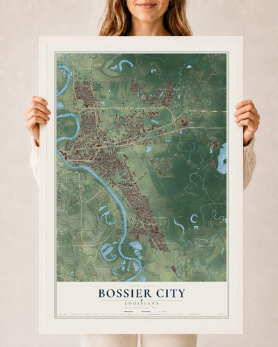 Map of Bossier City, Louisiana, 24 x 36 inch print in a white wood frame