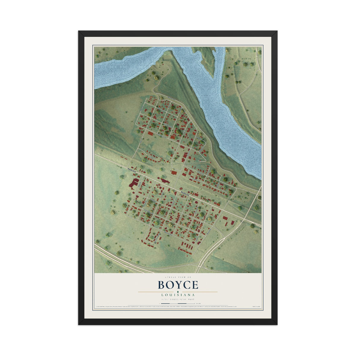 Map of Boyce, Louisiana, 12 x 18 inch print in a black wood frame