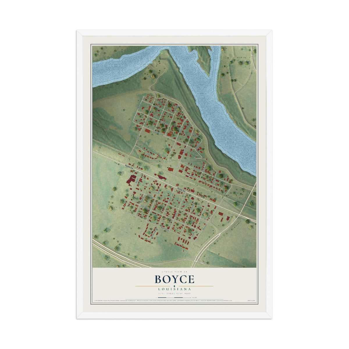 Map of Boyce, Louisiana, 12 x 18 inch print in a white wood frame
