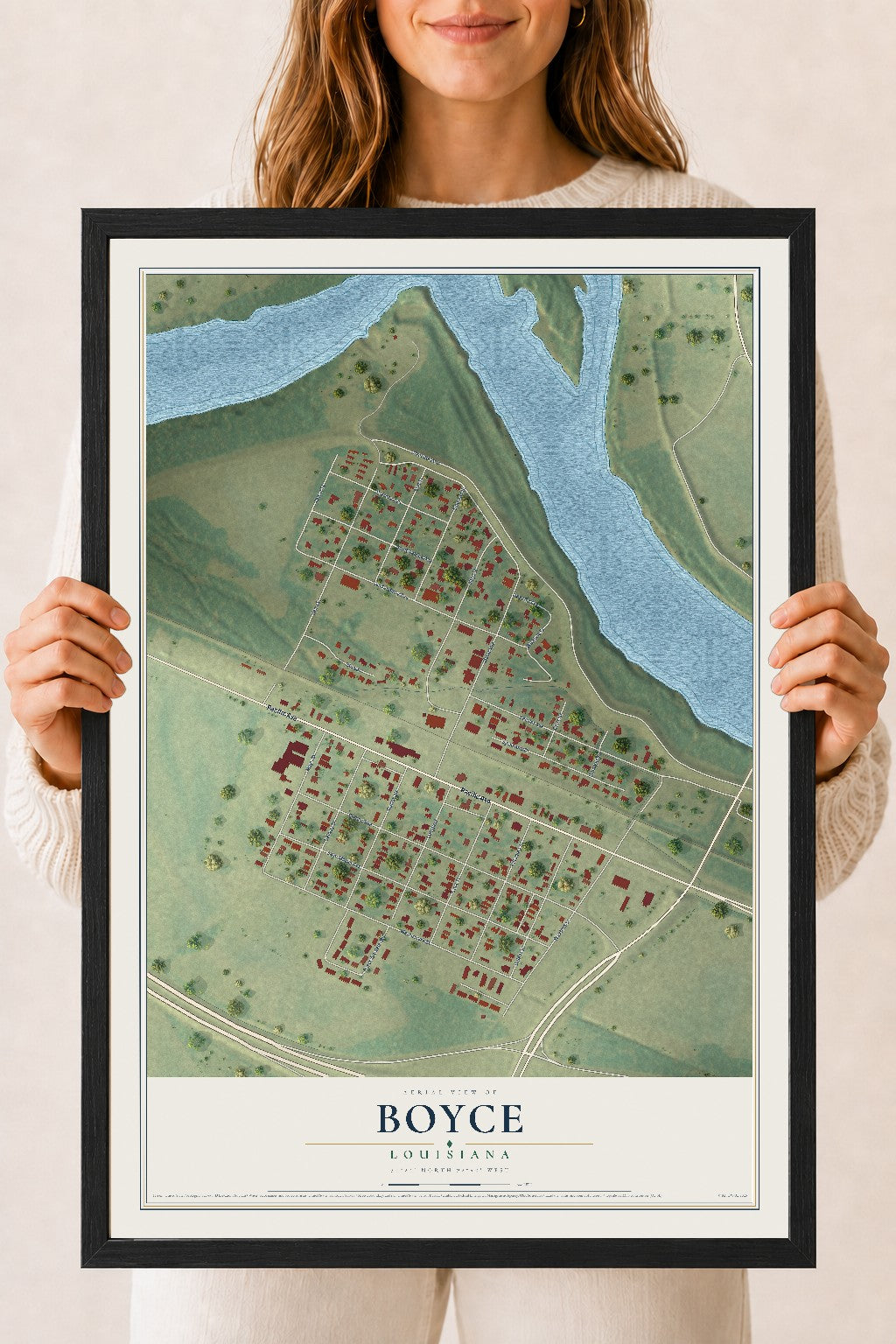 Map of Boyce, Louisiana, 18 x 24 inch print in a black wood frame