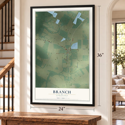 Branch, Louisiana map, 24 x 36 inch print in a black frame by a staircase