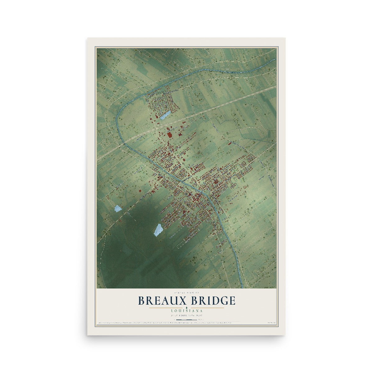 Map of Breaux Bridge, Louisiana, 12 x 18 inch unframed archival matte print
