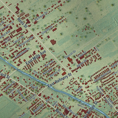Close-up of the map of Breaux Bridge, Louisiana print showing street and building detail