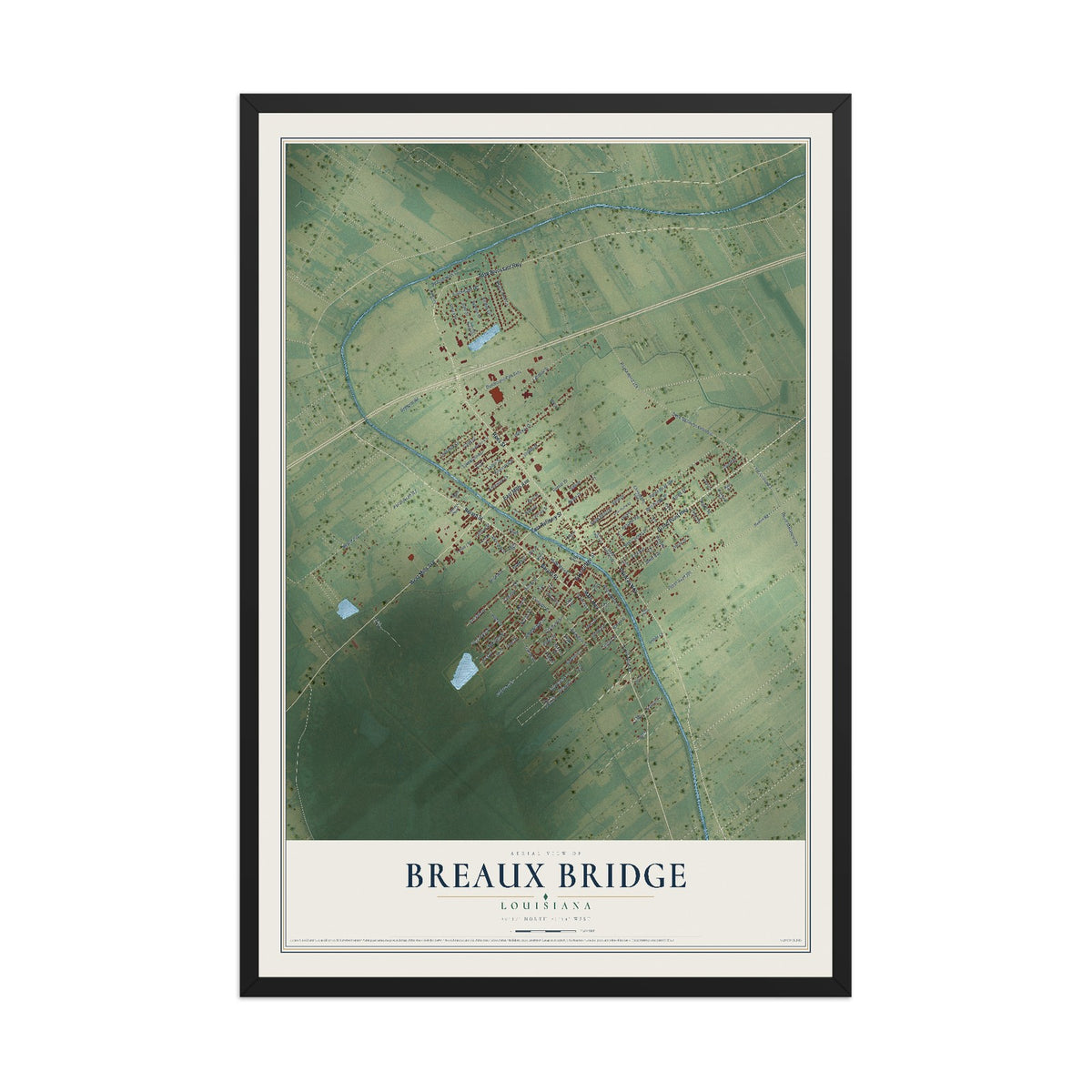 Map of Breaux Bridge, Louisiana, 12 x 18 inch print in a black wood frame