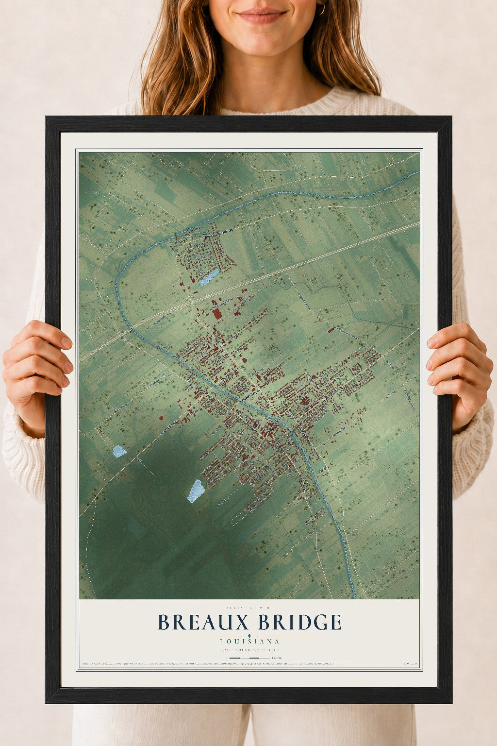 Map of Breaux Bridge, Louisiana, 18 x 24 inch print in a black wood frame