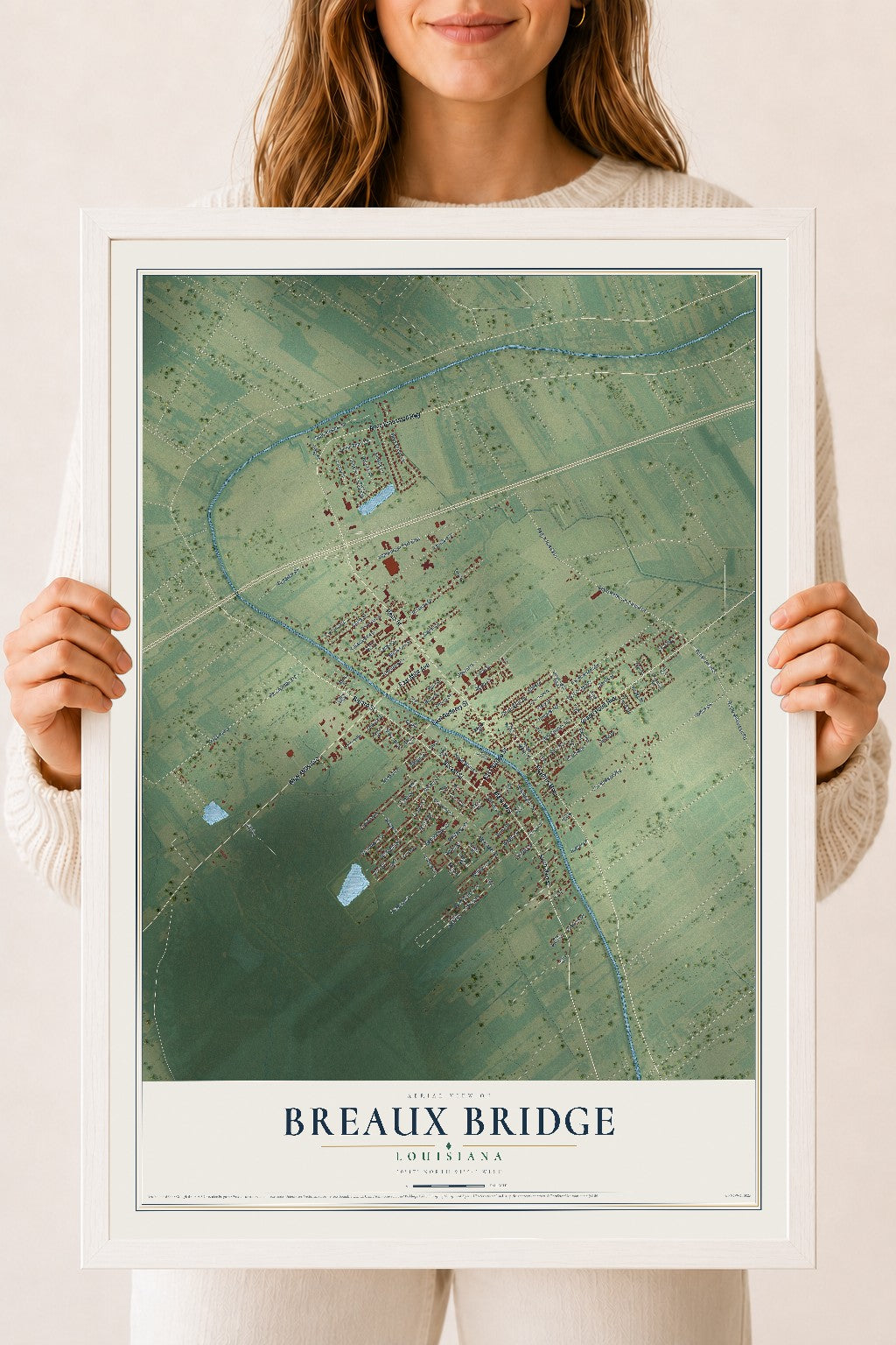 Map of Breaux Bridge, Louisiana, 18 x 24 inch print in a white wood frame