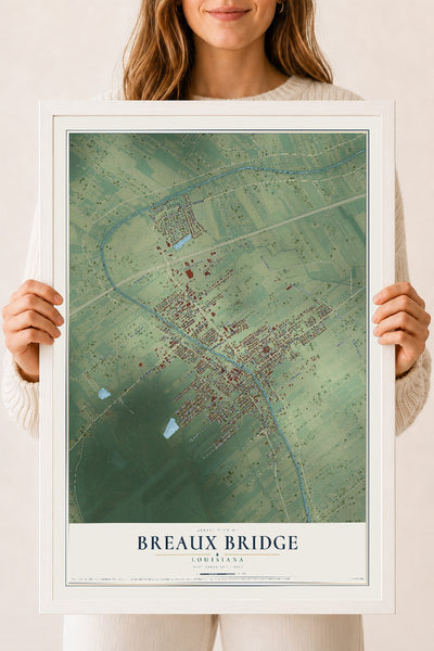 Map of Breaux Bridge, Louisiana, 18 x 24 inch print in a white wood frame
