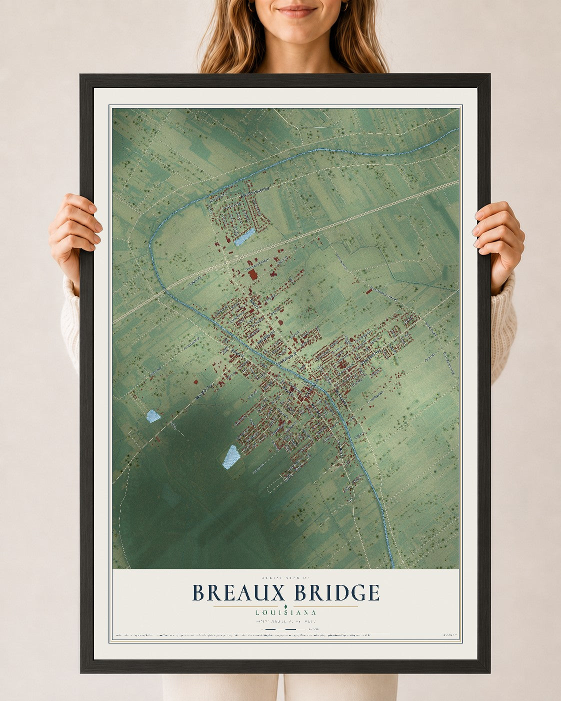 Map of Breaux Bridge, Louisiana, 24 x 36 inch print in a black wood frame