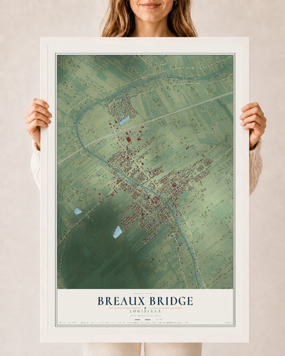 Map of Breaux Bridge, Louisiana, 24 x 36 inch print in a white wood frame